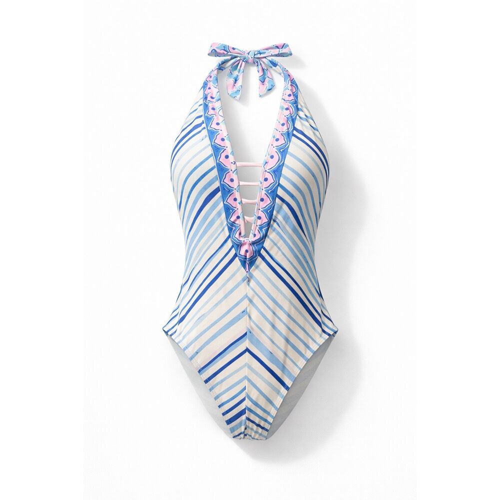 Lilly Pulitzer One Piece Swimsuit Size 6 Halter Tie Back Blue Pink Stripe
